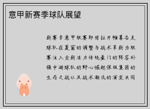 意甲新赛季球队展望